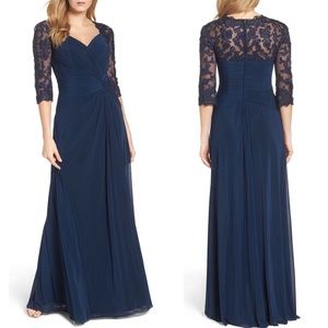NEW La Femme Navy Ruched Twist Column Gown, Size 8